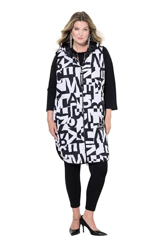 MIAMODA Damen große Größen Übergrößen Plus Size Long-Steppweste, A-Linie, Wording-Muster, Kapuze schwarz 50 833846130-50 von MIAMODA