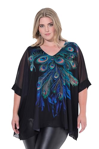 MIAMODA Damen große Größen Übergrößen Plus Size Mesh-Bluse, Oversized, Pfauenfedern, blickdichtes Jerseytop schwarz 46+ 844159100-46+ von MIAMODA
