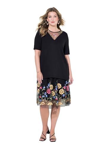 MIAMODA Damen große Größen Übergrößen Plus Size T-Shirt, A-Linie, Blüten-Mesh-Einsatz schwarz 46 835070100-46 von MIAMODA