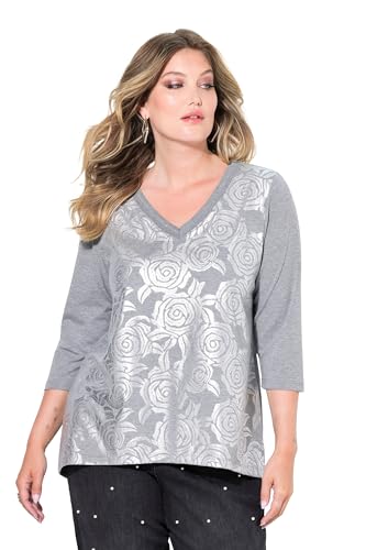 MIAMODA Damen große Größen Übergrößen Plus Size T-Shirt, A-Linie, silbernes Rosenmuster Silver Melange 52 836032132-52 von MIAMODA