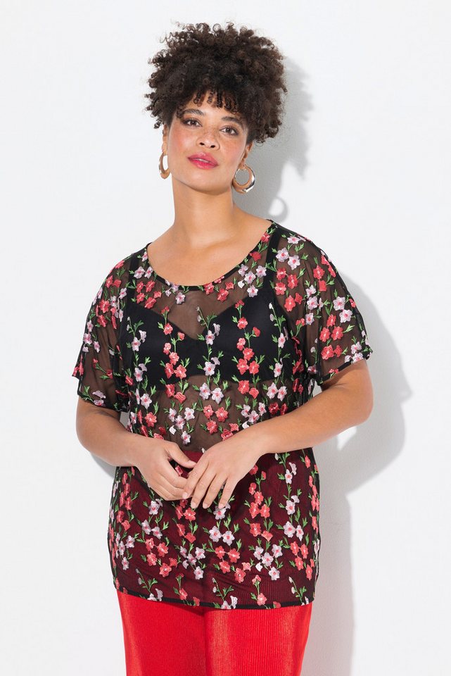 MIAMODA Druckbluse Blusenshirt Classic Fit Mesh Blütenstickerei von MIAMODA