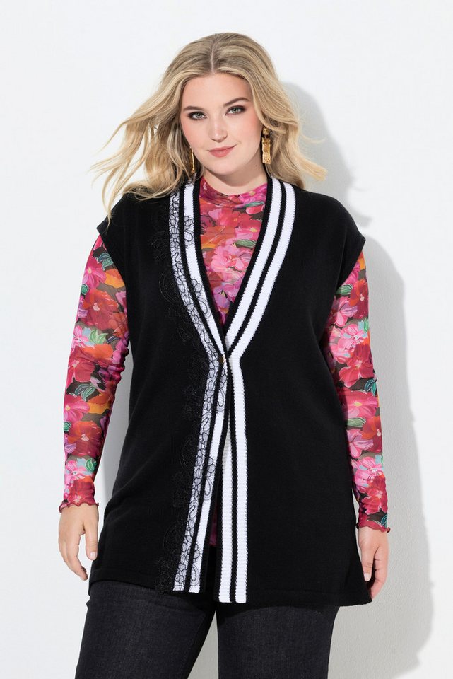 MIAMODA Strickjacke Strickweste Straight Fit Spitzenband und Streifen von MIAMODA