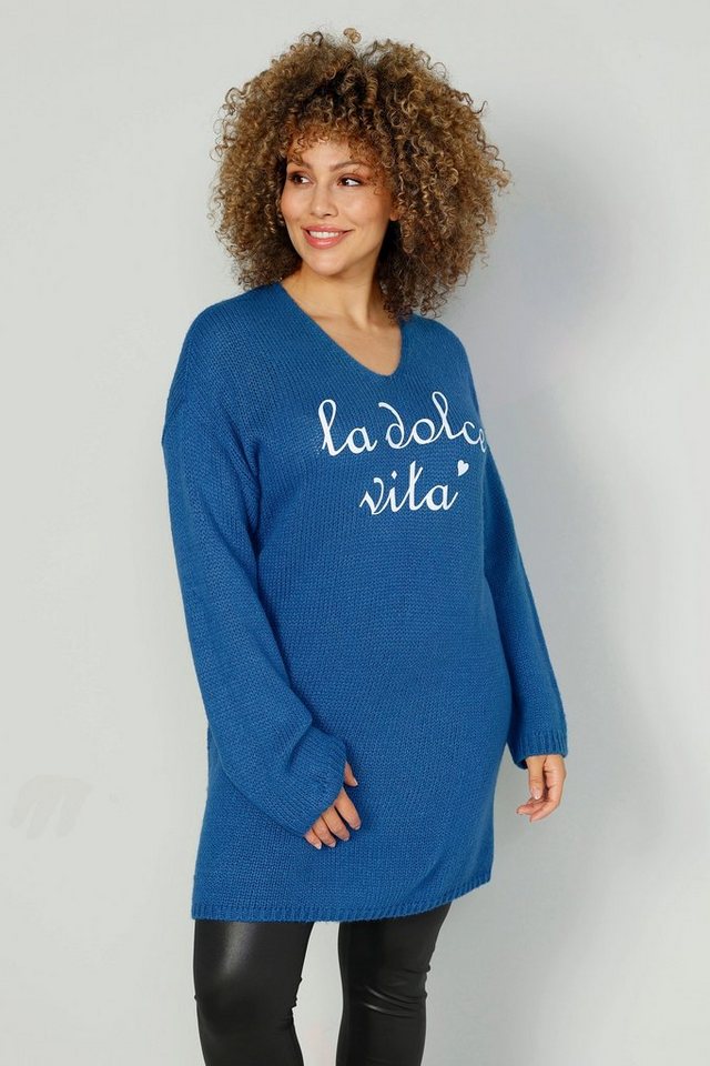 MIAMODA Strickpullover Long-Pullover Schriftzug V-Ausschnitt Langarm von MIAMODA