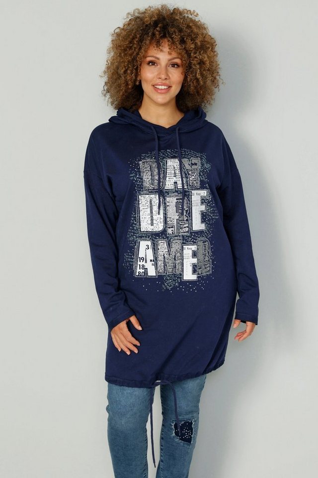 MIAMODA Sweatshirt Long-Hoodie Schriftdruck Kapuze Bindeband am Saum. von MIAMODA