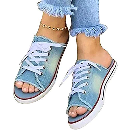 MIAOXIAO Sandalen Plattform Leinwand Atmungsaktive Sommer Hausschuhe Spitze Up Offene spitze Damen Faux Denim Flache Plateau Strand Schuhe,A,EU 40 von MIAOXIAO