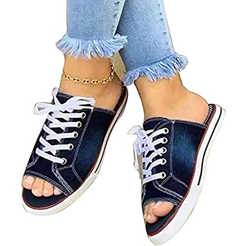 MIAOXIAO Sandalen Plattform Leinwand Atmungsaktive Sommer Hausschuhe Spitze Up Offene spitze Damen Faux Denim Flache Plateau Strand Schuhe,D,EU 38.5 von MIAOXIAO