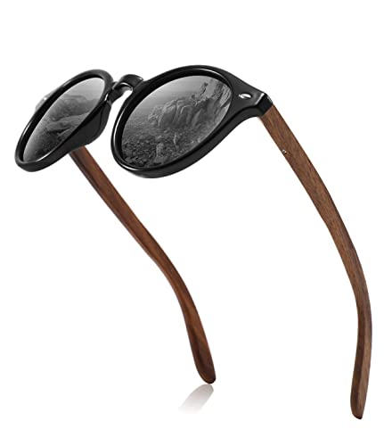 MIAROZ Holz Sonnenbrillen,Sonnenbrille Damen,Retro Walnuss Holz Rund Sonnenbrille Polarisiert UV400-Schutz (Grau) von MIAROZ