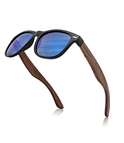 MIAROZ Damen Herren Sonnenbrille Polarisiert: Holzrahmen Anti-Blendung UV400 Schutz – Ideal für Paare Reisen Geschenk Outdoor Autofahren (Blau) von MIAROZ