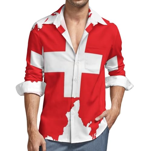 Hemd Herren Langarm, Revers Schweizer Flagge Gedruckt Button Down Langarmshirt, Loose Fit Hawaii Hemd Männer, Lockere Henley Shirt Strandhemd, Herren Sommerhemd von MIATCENRT