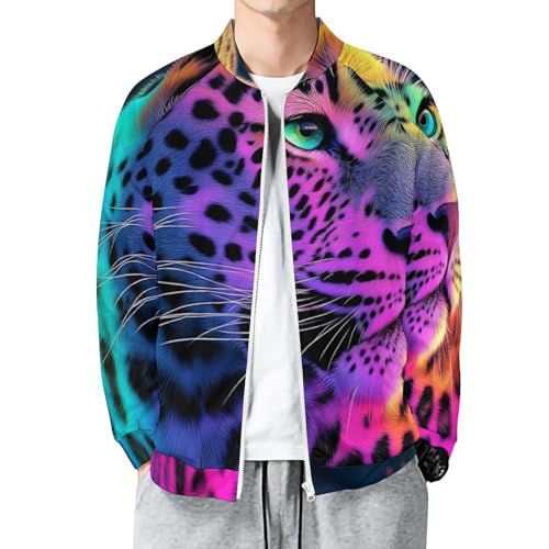 Herren Bomberjacke mit Tasche, Frühling Sommerjacke Leichte Jacke Regenbogen Leopard Männer Fliegerjacke, Langarm Freizeitjacke Tierkunst Outdoor Übergangsjacke, Bunt von MIATCENRT