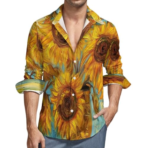 Herren Hemd Langarm Shirt, Leinenhemd Casual Sommer Sonnenblumen Ölgemälde Strandhemd mit Knöpfen, Bügelfrei Button Down Comfort Hawaii Hemd Faltenfrei Urlaub Shirt von MIATCENRT