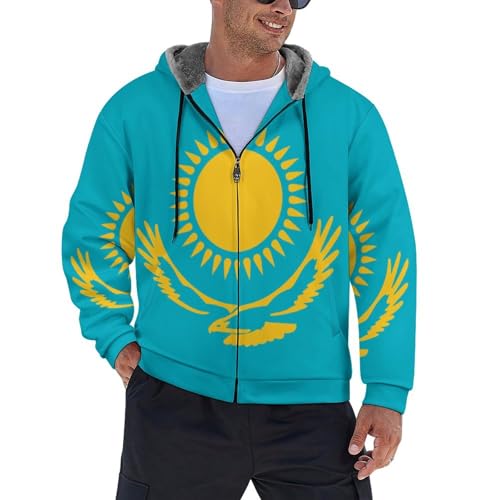 Herren Kapuzenpullover Mit Reißverschluss, Kasachstan Flagge Langarm Kapuzenjacke Mit Tasche, Winter Warm Fleece-Innenseite Sweatshirt, Dicke Fleecejacke Sweatjacke von MIATCENRT