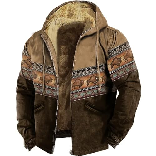 Herren-Kapuzenpullover Mit Reißverschluss – Tribal-Grafik, Bison-Muster, Bedruckt, Mit Fleece Gefüttert, Winter-Langarm-Sweatshirt, Lässig, Große Kapuzenjacke, Oberbekleidung, Wie Abgebildet, Xxl von MIATCENRT