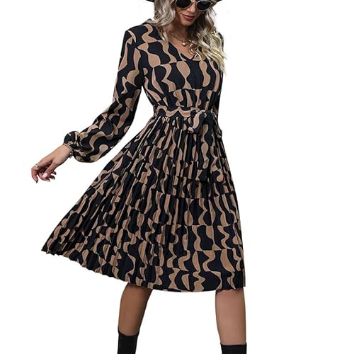 Lange Ärmel Kleid Für Damen - V Ausschnitt Lange Ärmel Geometrischer Druck Freizeitkleider Midi Dress, Gesmoktes Schnürung Hohe Taille A Linie Partykleid Für Herbst Brown L von MIATCENRT