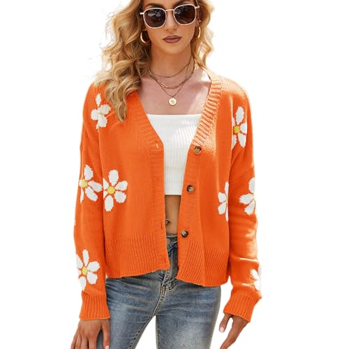 Leichte Strickjacke Damen - Blumen Jacquard Langarm V-Ausschnitt Strickjacke, Casual Gerippt Cardigan Strickmantel Mit Knöpfen, Lässiger Im Freien Für Den Tägliches Tragen,Orange,M von MIATCENRT