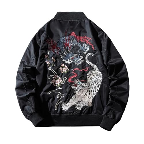 MIATCENRT Bomber-Baseballjacken Für Herren – Harajuku-Stil, Drache-Tiger-Gestickte Jacke, Luftwaffen-Pilotenjacke, Herren-Baseball-Uniformjacke, Herren-Damen-Paarkleidung, Schwarz, M von MIATCENRT