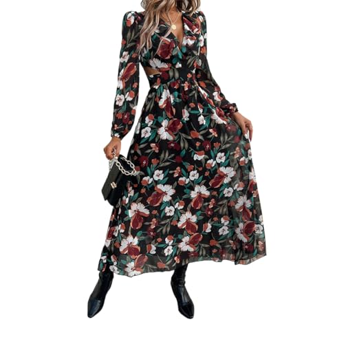 MIATCENRT Damen Lang Kleider - Bohemian Stil Kontrastfarbe Blumen Druck Langarm Kleid, Laternenärmel V-Ausschnitt Falten Taillenmulde Kleid Partykleid Lässiges Urlaubskleid Black S von MIATCENRT