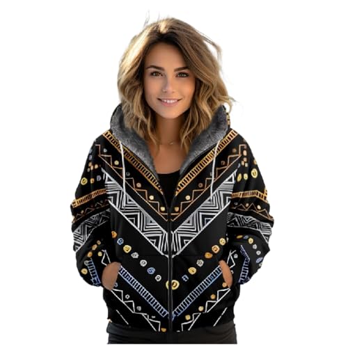MIATCENRT Damen Winter Hooded Jacke Teddyfleece Jacke, Indianischer Tribal-Druck Warm Mit Full Zip Taschen Sweatjacke, Lässig Steppjacke Cardigan, Winterjacke Warm Fleecejacke Black 3Xl von MIATCENRT