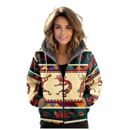 MIATCENRT Damen Winter Hooded Jacke Teddyfleece Jacke, Indianischer Tribal-Druck Warm Mit Full Zip Taschen Sweatjacke, Lässig Steppjacke Cardigan, Winterjacke Warm Fleecejacke Colorful S von MIATCENRT
