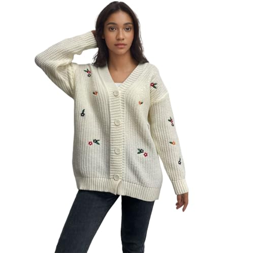 MIATCENRT Elegant Strickjacke Für Damen - Blumen Stickerei V-Ausschnitt Pullover Cardigan Für Damen, Knopf Langarm Strickpullover Jacke, Elegant Gerippt Cardigan Für Herbst Und Winter,White,M von MIATCENRT
