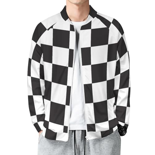 MIATCENRT Herren Bomberjacke College Baseballjacke, Gitter Sportjacke Mode Racing Varsity Jacket für Jungen, Schachbrett Schwarz Sweatjacke Outdoorjacke Übergangsjacke von MIATCENRT
