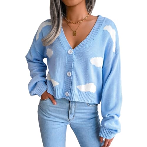 MIATCENRT Kurze Strickjacke Damen - Damen Langarm V-Ausschnitt Strickjacke Pullover Cardigan Mit Knöpfen, Casual Weißer Wolken Druck Strickmantel Freizeit Jacket Outerwear,Blue,L von MIATCENRT