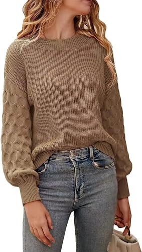 MIATCENRT Langarm-Pullover Für Damen – Zopfmuster-Pullover Mit Rundhalsausschnitt, Herbst-Winter-Pullover Mit Laternenärmeln, Oberteil, Häkelpullover, Streetwear-Pullover, Khaki, L von MIATCENRT