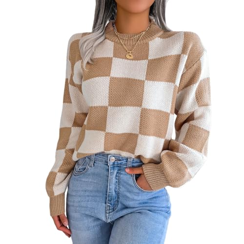 MIATCENRT Pullover Damen Langarmshirt - Fraeun Kontrastfarbenes Schachbrettmuster Tops, Rundhals Langarm Tunika Oberteile, Herbst Lässige Mode Elegant Bluse Tshirt Kleidung Khaki M von MIATCENRT