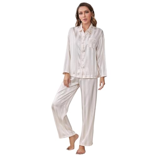 MIATCENRT Satin Schlafanzug Damen - Pyjama Lang Set Mit Hemdkragen Knopfleiste Gestreift Zweiteiliger Seide Pyjama, Langarm Pyjama Hosen Nachtwäsche Set Loungewear Seiden Schlafanzug,Champagne,M von MIATCENRT