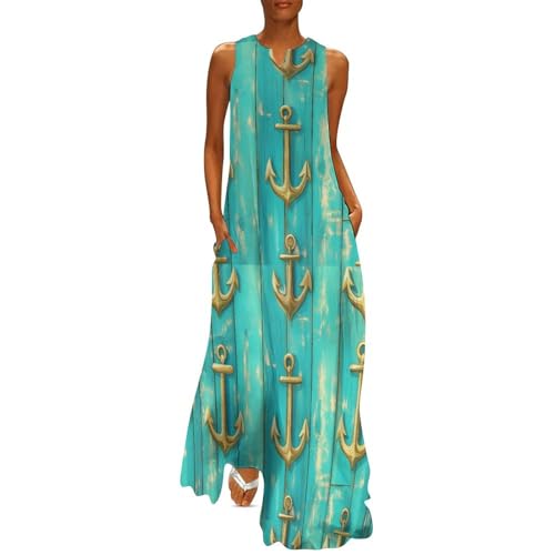 MIATCENRT Sommerkleid Damen Ärmellos Lose Maxikleid, Türkis Anker Casual V Ausschnitt Strandkleid Elegant Boho Tankkleid mit Taschen, Gold Anker Sommer Freizeitkleid MIATCENRT Sommerkleid Damen Ärmellos Lose Maxikleid, Türkis Anker Casual V Ausschnitt Strandkleid Elegant Boho Tankkleid mit Taschen, Gold Anker Sommer Freizeitkleid von MIATCENRT