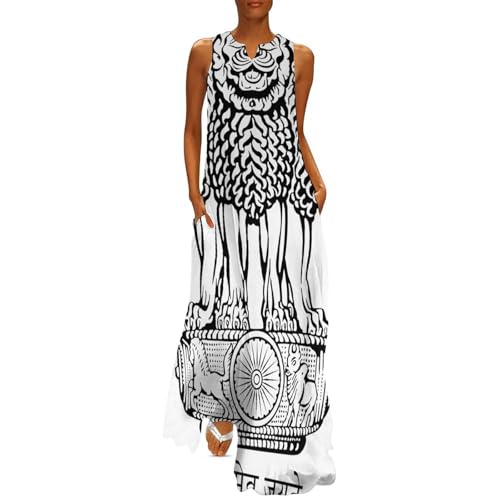 Sommerkleid Damen Lang, Ärmelloses Maxikleid Indien Flaggen Druck Strandkleid, V-Ausschnitt Casual Luftiges Kleid mit Taschen für Urlaub Alltag von MIATCENRT