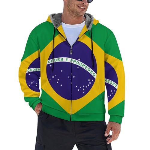 Winterjacke Herren Fleecejacke, Warme Skijacke Outdoor Winddicht Jacke Brasilien Nationalflagge Druck, Verdickt Funktionsjacke Mit Kapuze Wintermantel Sweatjacke von MIATCENRT