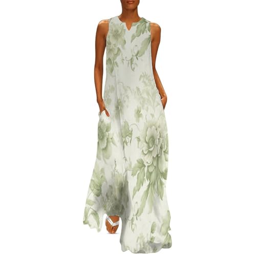 Strandkleider Maxikleid Damen Sommer, Vintage Blumen Leicht Luftig Ärmellos Kleid, Curvy A Linie Elegant Lang Sommerkleid, Sexy Große Größen Salbeigrün Freizeitkleid von MIATCENRT