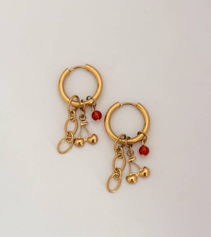 Creolen Set Kirsche in Gold, Ohrringe Mit Mehreren Charms, Perlen Anhänger, Geschenk Geburtstag, Mama, Tochter, Freundin von MIAxMINA