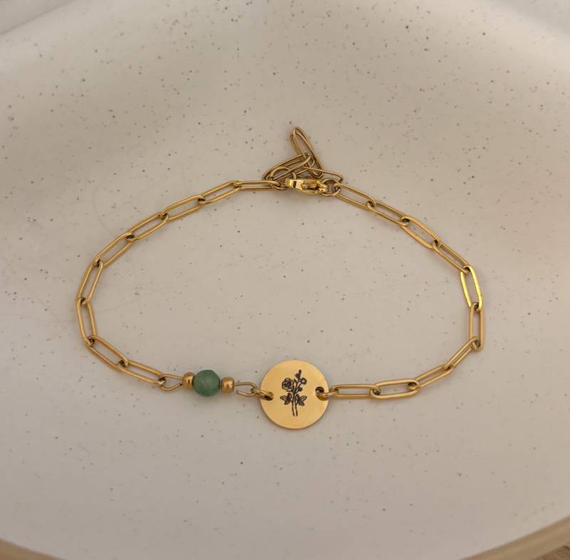 Personalisiertes Geburtsblumen Armband in Gold, Initial Gravur Mit Plättchen &birthstone Anhänger, Geschenk Für Frau, Beste Freundin Personalisiertes Geburtsblumen Armband in Gold, Initial Gravur Mit Plättchen &birthstone Anhänger, Geschenk Für Frau, Beste Freundin von MIAxMINA