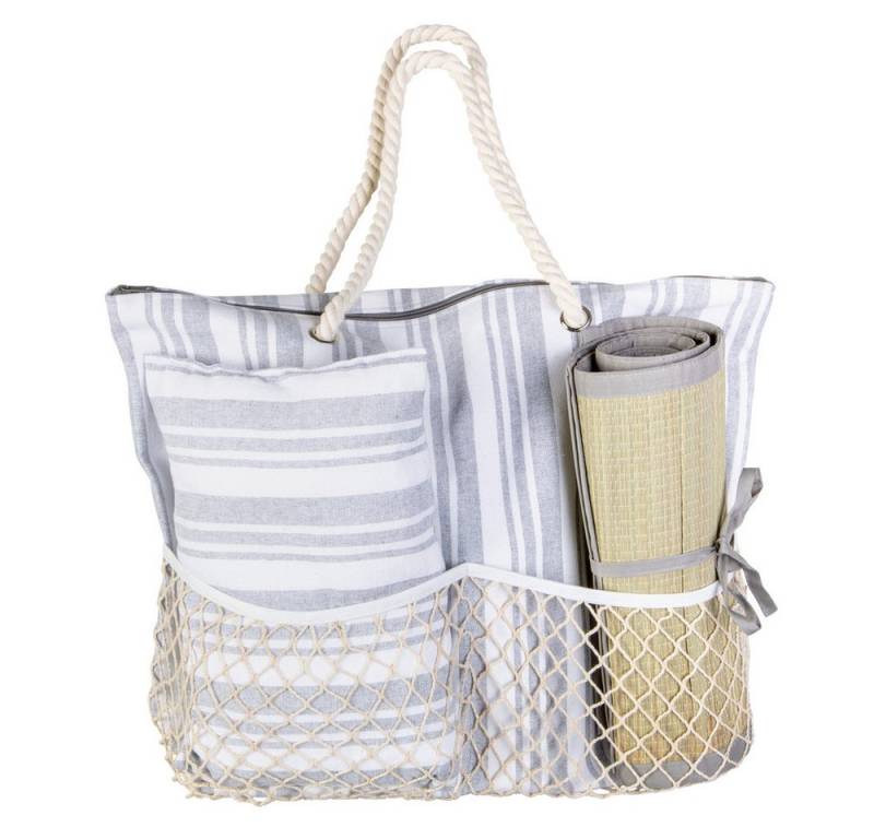 MICA Strandtasche Strandtasche mit Strandmatte - grau/weiß - aus Textil - ca. 38 x 14 x von MICA