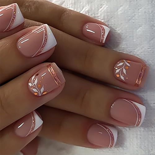 MICFENY 24 Stück French Tip Press on Nails Kurze Quadratische Kunstnägel Blatt Acryl Nägel Einfache Vollabdeckung Aufkleben Nägel für Frauen von MICFENY