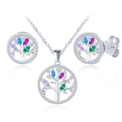 MICGIGI Damen 925 Sterling Silber Anhänger Halskette Baum Muster Buntes Ohrstecker Set Cubic Zirkonia Ohrringe von MICGIGI