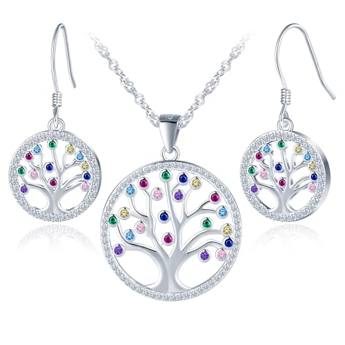 MICGIGI Damen 925 Sterling Silber Anhänger Halskette Ohrringe Set Zirkonia Baum Muster Schmuck Set von MICGIGI