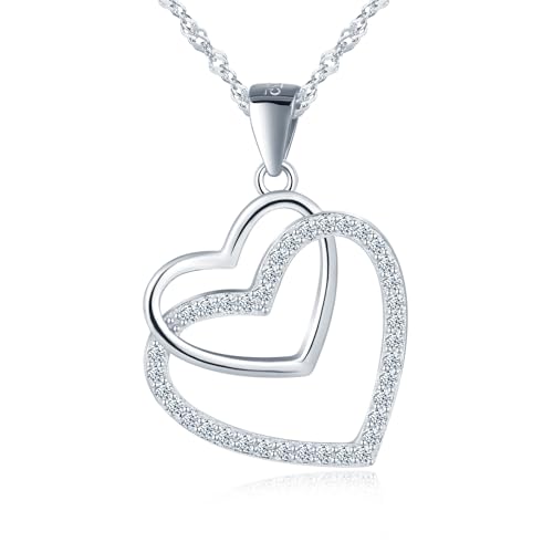MICGIGI Damen 925 Sterling Silber Halskette Doppel Herz Form Cubic Zirkonia Anhänger Halskette,Silber von MICGIGI