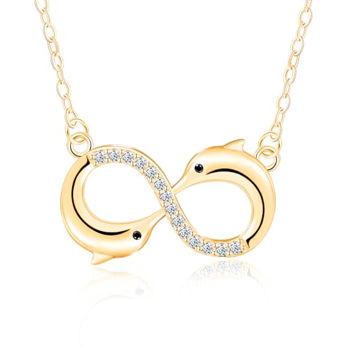 MICGIGI Damen 925 Sterling Silber Halskette Doppelte Delphine Form Cubic Zirkonia Anhänger Halskette,Gold von MICGIGI