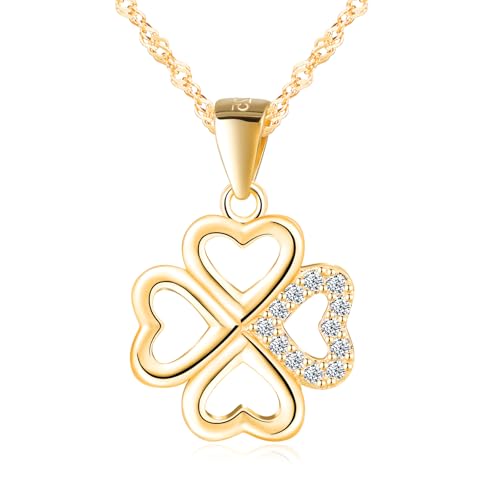 MICGIGI Damen 925 Sterling Silber Halskette Hohle vierblättrige Kleeblatt Form Cubic Zirkonia Anhänger Halskette,Gold von MICGIGI
