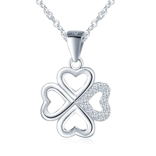 MICGIGI Damen 925 Sterling Silber Halskette Hohle vierblättrige Kleeblatt Form Cubic Zirkonia Anhänger Halskette,Silber von MICGIGI