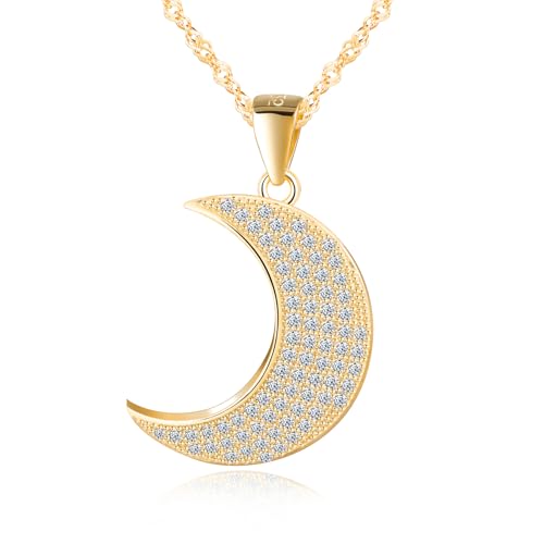 MICGIGI Damen 925 Sterling Silber Halskette Mond Form Cubic Zirkonia Anhänger Halskette,Gold von MICGIGI