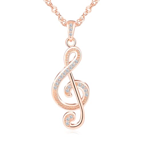 MICGIGI Damen 925 Sterling Silber Halskette Musik Note Form Cubic Zirkonia Anhänger Halskette,Rosegold von MICGIGI