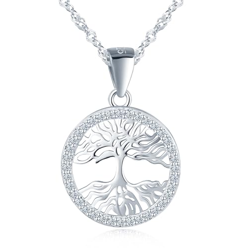 MICGIGI Damen 925 Sterling Silber Halskette Runde Form Lebens Baum Muster Cubic Zirkonia Anhänger Halskette,Silber von MICGIGI