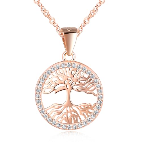 MICGIGI Damen 925 Sterling Silber Halskette Runde Form Lebens Baum Muster Cubic Zirkonia Anhänger Halskette,Rosegold von MICGIGI