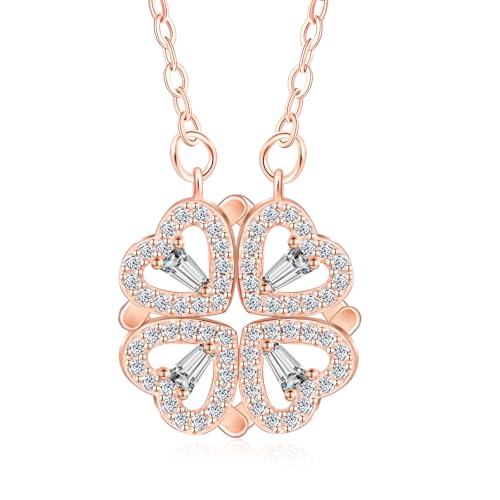 MICGIGI Damen 925 Sterling Silber Halskette Vierblättriges Kleeblatt und Herz Muster Cubic Zirkonia Anhänger Halskette,Rosegold von MICGIGI