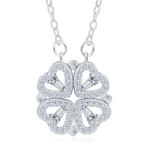 MICGIGI Damen 925 Sterling Silber Halskette Vierblättriges Kleeblatt und Herz Muster Cubic Zirkonia Anhänger Halskette,Silber von MICGIGI