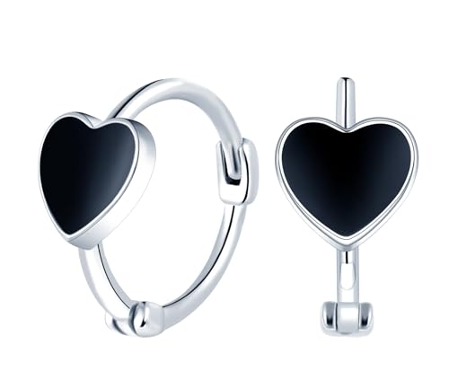 MICGIGI Damen 925 Sterling Silber Ohrringe 10MM Durchmesser Skwarz Herzform Kreis Ohrringe von MICGIGI